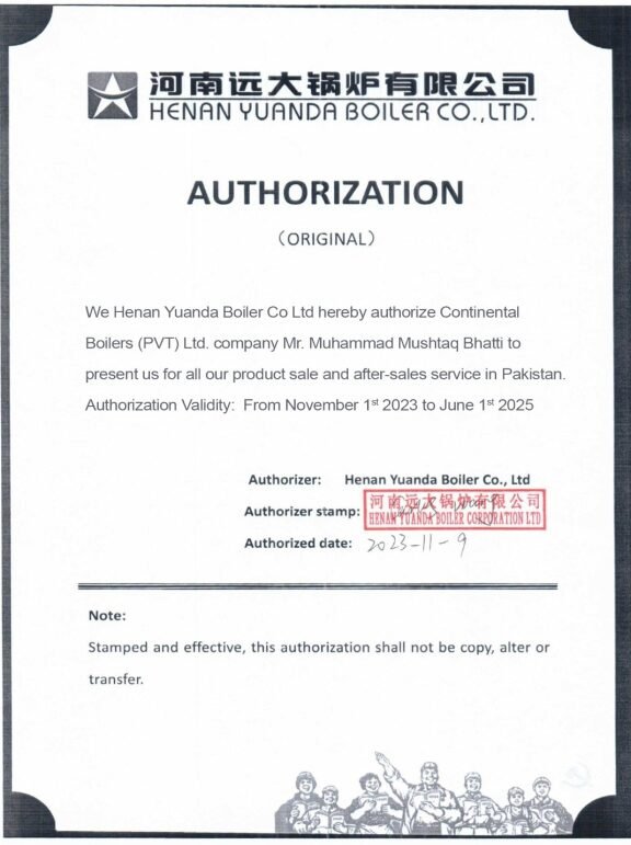 Authorization letter from Henan Yuanda Boiler Co Ltd to Continental Boilers