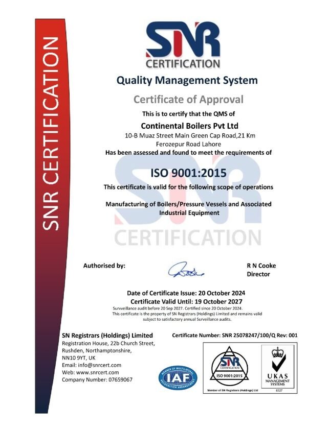 ISO 9001:2015 certificate issued to Continental Boilers Pvt Ltd by SNR Certification